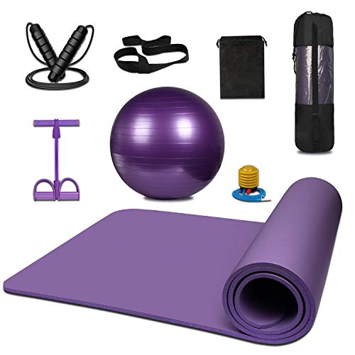 KEAFOLS Conjunto de tapetes, tapete de ioga com alça de ombro para transporte e armazenamento, equipamento de exercícios com bola de tubo de pilates, corda para saltar, puxador de tornozelo.