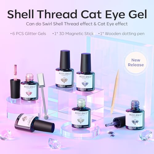 Image of modelones Cat Eye Gel Nail Polish, 6 Colors Shimmer Pearl Magnetic Nail Drawing Set with Magnet, Iridescent Mermaid Swirl Shell Thread Purple Pink Blue Glitter, DIY Manicure Gift for Women Girl