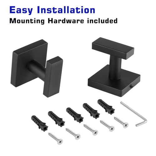 Image of (2-Pack) Matte Black Bathroom Towel Hooks, Stainless Steel Square Heavy Duty Wall Hooks Hanger for Bathroom Kitchen Holding Towels, Robes, Coats, Clothes
