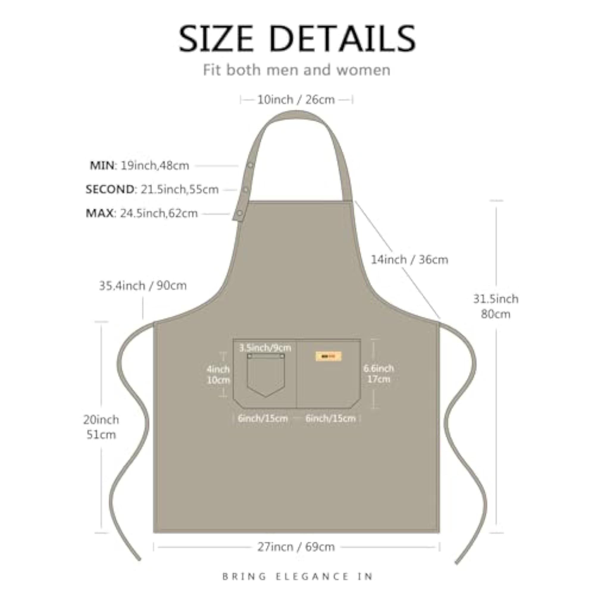 Adjustable Button Apron for Artists, 3 Pockets, Gray