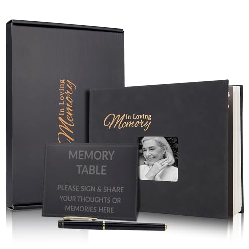 Funeral Memory Book Leather Hardcover Funeral Guest Book with Gold Engraving Guestbook for Celebration of Life Memorial Service Book of Condolence with Memory Table Card Sign and Pen 10.3 x 7.9
