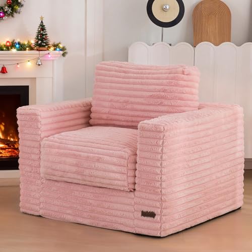 Image of MAXYOYO Giant Bean Bag Chair for Adults, Upholstered Floor Sofa with Pillows and Armrests, Large Bean Bag Sofa Plush Chair Bean Bag Couch for Bedroom Living Room, Pink