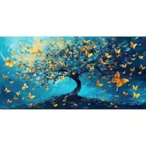 Toile moderne papillon bleu or décoration murale salon 70x140