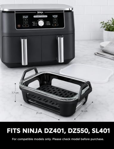 Image of Glass Air Fryer Liner for Ninja Dual Basket Air Fryers DZ401 DZ550 SL401, Reusable Borosilicate Glass Bowl with Silicone Base Handles, Dishwasher Safe Reusable Accessory Set with Tray & Lid