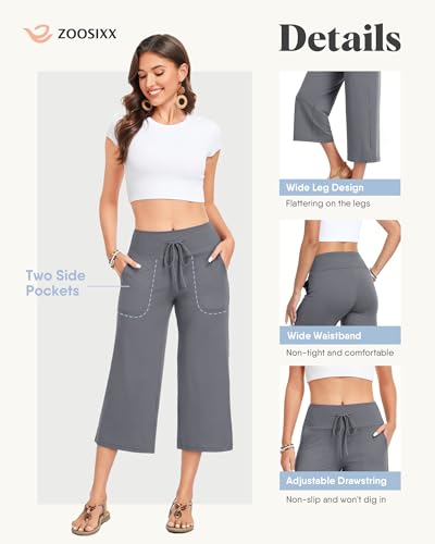 Image of ZOOSIXX Capri Pants for Women - Wide Leg Loose Casual Trousers with Pockets Summer High Waisted Drawstring Pants
