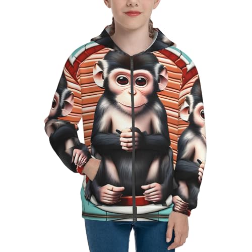 The silent monkey Print Girls Athletic Zip Up Hoodies,Sweatshirts with Pockets Long Sleeve Hooded Jackets, for 7-18 Y2