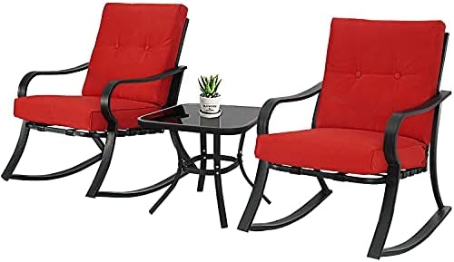 SOLAURA 3-Piece Outdoor Rocking Chairs Bistro Set, Black Iron Patio Furniture with Red Thickened Cushion & Glass-Top Coffee Table