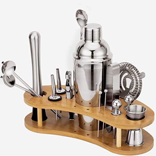 Cocktail Shaker Bartender Kit with Bamboo Stand, Muddler for Cocktails bar kit,24 oz Stainless Steel Martini Shaker, Drink Mixer,16-Piece bar Set Cocktail Shaker Set