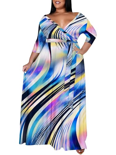Image of SUZONANA Plus Size Maxi Dresses for Curcy Women Casual Loose 3 /4 Sleeve Long Dress with Belt