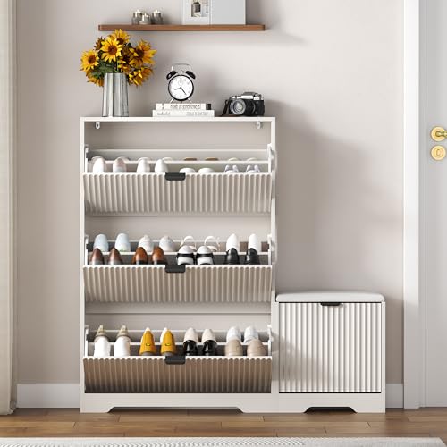 Image of HUANLEGO Shoe Cabinet Storage for Entryway with 4 Flip Drawers, White Fluted Shoe Cabinet with Bench, Wooden Hidden Shoe Rack Freestanding Narrow Slim Shoes Storage Organizer for Hallway, Entrance