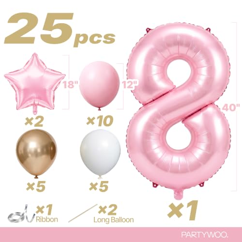 Image of PartyWoo Baby Pink Number 8 Balloon 40 Inch 25pcs Pink Foil Star White Gold