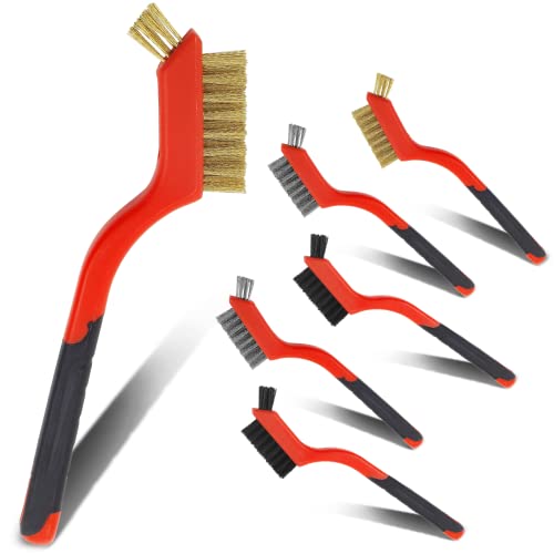 Image of 6 Pcs Wire Brush Set Metal Bristle Brush Small Stainless Steel Brush Set Nylon Bristle Brush for Cleaning Dross, Stains, Rust Spots(Red and Black)