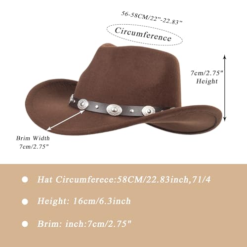 INOGIH Westernhut für Damen und Herren, Cowboy- und Cowgirl-Hut, Fedora Mit Pull-On-Verschluss, Breite Krempe, Braun, Medium