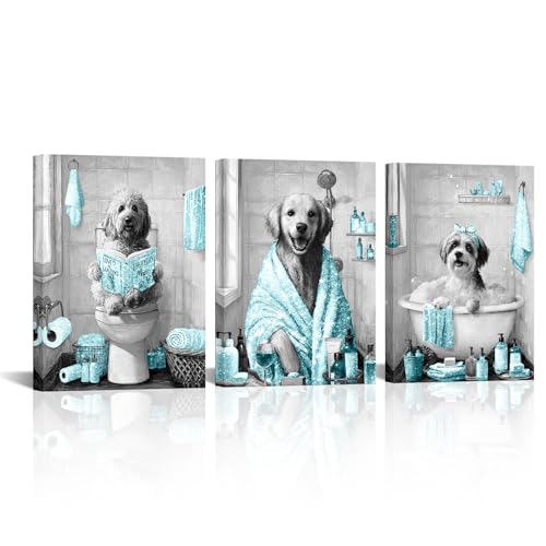 Image of sechars Funny Dogs Bathroom Wall Art Grey and Teal Bath Decor Cute Animal Painting Canvas Print (Teal)