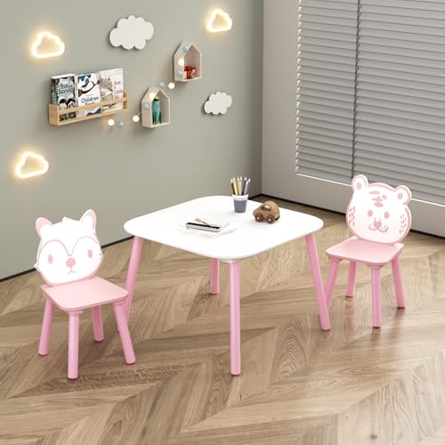 Image of Wood Table & Chairs 3 Pieces Set, Boys Girls Activity Table w / 2 Animal Shaped Chairs, Solid Wood Legs, Safe Rounded Corners, Playroom Furniture for Boys & Girls Activity Dining Drawing Craft.