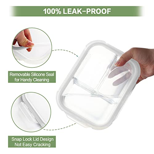 Bayco 8 Pack Glass Meal Prep Containers 3 Compartment, Glass Food Storage Containers with Lids, Airtight Glass Lunch Bento Boxes, BPA-Free & Leak Proof (8 lids & 8 Containers) - White