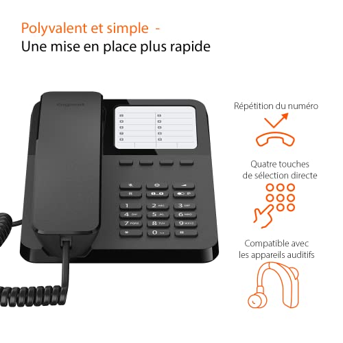 Gigaset Desk 400 - Téléphone Filaire - 10 numéros abrégés - Rappel du dernier numéro - Compatible avec Les appareils auditifs, Noir
