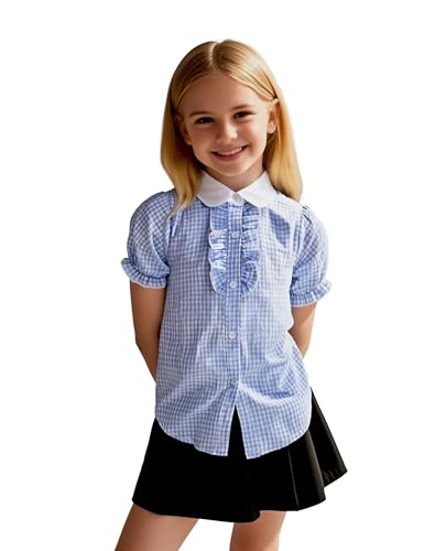 Image of Girls Short Sleeve Button Down Shirts Ruffle School Uniform Crop Tops Peter Pan Collar Plaid Blouse 4-13Y