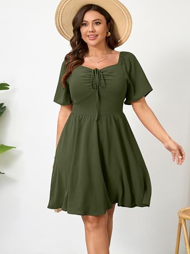 Image of RWJ Women Plus Size Summer Dress Short Sleeve Tie Front Sweetheart Neck Casual Mini Wedding Guest Dresses 2025
