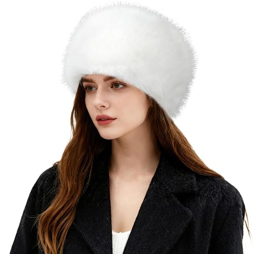 HH HOFNEN Womens Faux Fur Hat Winter Russian Hat Warm Plush Fluffy Furry Bucket Hat Ear Warmers White