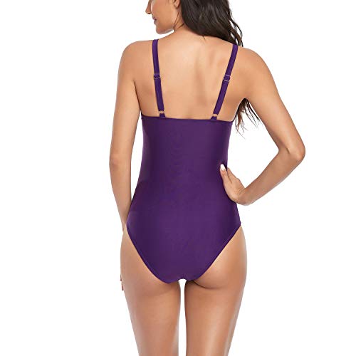 Image of Smismivo Women's Tummy Control Swimsuit One Piece Slimming Ruched Push Up Bathing Suit Vintage Padded Retro V Neck Swimwear