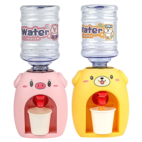 LUOZZY 2Pcs Mini Water Dispenser for Kids Cartoon Pig Dog Kids Water Machine Drinking Water Fountains Toys - Pink + Yellow