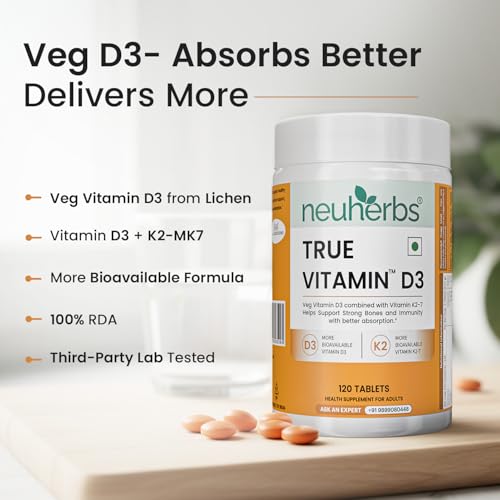 Image of Neuherbs Vitamin D3 (600 IU) Tablets with K2 MK7 | True Vitamin D3 to Supports Bone Strength, Immunity & Heart Health | Vegetarian D3 Supplement for Men & Women | 120 Tablets