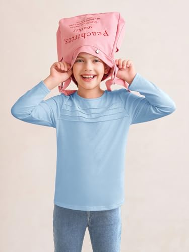 Haloumoning Girls Pleated Front Long Sleeve Shirts Kids Puffed Soft Cute Casual Crewneck T Shirts Tops 5-14 Years3