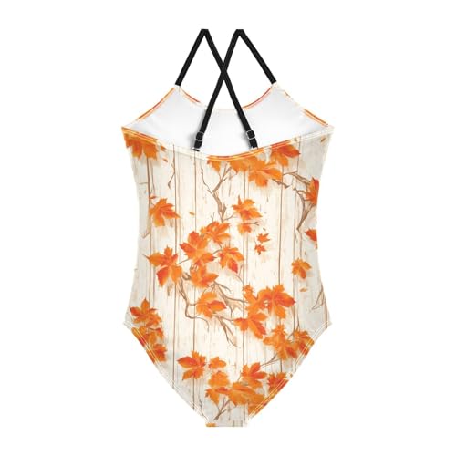 KLL Autumn Leaf on Old White Wooden Toddler Girls 1-Piece Bathing Suit Beach Swimwear Adjustable Shoulder Strap Cute2