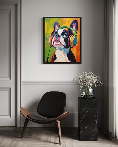 Image of Boston Terrier Music Headphone Black Framed Wall Art Print Poster, Dog Pet Lover Picture Painting Artwork Bedroom Living Room Office Dining Room 150D (Boston Terrier Music Headphone, 10 inchL x 8 inchW, Black Frame)