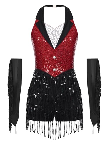 Zaldita Vestido de baile latino para mujer, con flecos, con flecos, guantes modernos, traje de danza, rojo, XL