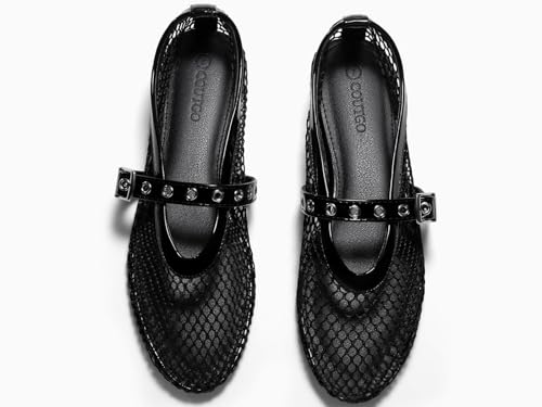 Image of Coutgo Womens Mesh Ballet Flats Mary Jane Fishnet Ballerina Buckle Strap Comfortable Causal Dress Shoes