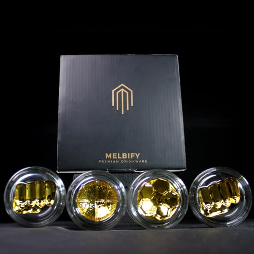Image of Melbify Gold Sports Combo Whiskey Glass Gift Set | 4 pcs Set 300 ML |Ultra-Premium | Gold-Bottomed | Luxurious| Ideal for Wedding Gifts, Anniversary,VIP and Corporate Gifts to Sports Enthusiasts