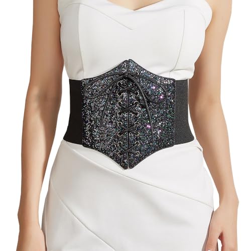Wide Elastic Waist Belt Stretch Bling Lace Up Waspie Corset Cinch Waistband Dress Belts