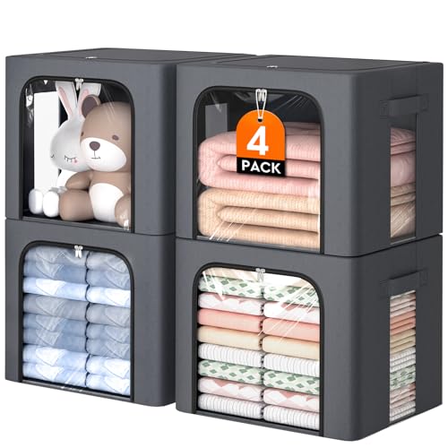 4 Pack Clothes Storage Bins with Metal Frame, 40L Foldable Fabric Storage Boxes with Clear Window, Front & Top Zipper Openings, Stackable Organizer Bins with Handles for Closet & Bedroom (Light Grey)