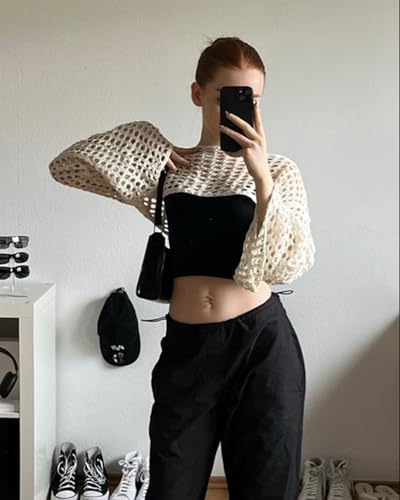 Image of Womens Crochet Crop Tops Y2k Knit Shrug Sweater Hollow Out Long Sleeve Bikini See Through Cover Ups