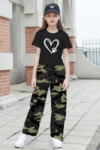 Image of Betusline Girls 2 Piece Outfits Short Sleeve Crop Top & Parachute Cargo Pants Set,4T-14 Years