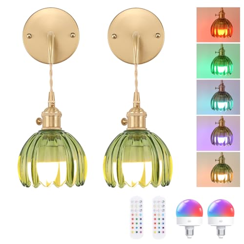 Image of Shenmoyl Battery Operated Wall Sconce with Green Tulip Shade Pattern Glass Adjustable Chain Retro Gold Wall Mounted Light, Modern Wall Decor for Bedside Bedroom Indoor Doorway, Set of 2
