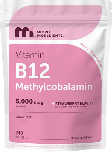 Micro Ingredients Vitamin B12 5 000 mcg | Methylcobalamin 240 Chewable Tablets | Fast Dissolve Natural Strawberry Flavor | Vegan Non-GMO Gluten Free - 1`