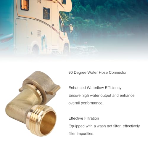 Image of RV 90 Degree Hose Elbow Copper Enhanced Waterflow Efficiency RV Water Hose Connector with Wash Net Filter for Campervan Travel Trailer