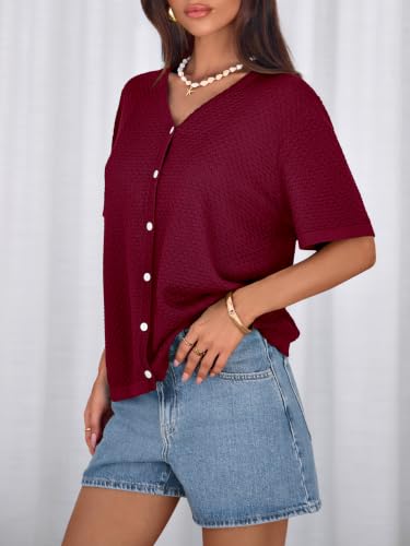Image of NALANISA Women's Short Sleeve Sweater Spring Summer Crochet Knit Tops 2026 V Neck Striped Button Down Dressy Casual Blouses