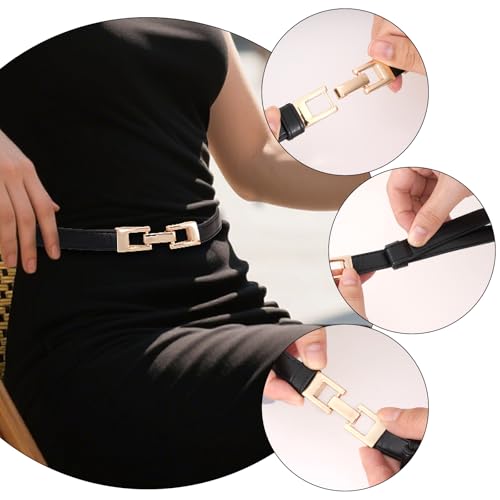 hoyuwak Women's Belts - Adjustable Thin Belt for Women with Gold Buckle, 0.6 Inch Slim Waist Belt for Dresses, Jeans & Office Wear (Recommended waist circumference 21.6-31.5 Inches, Black)3