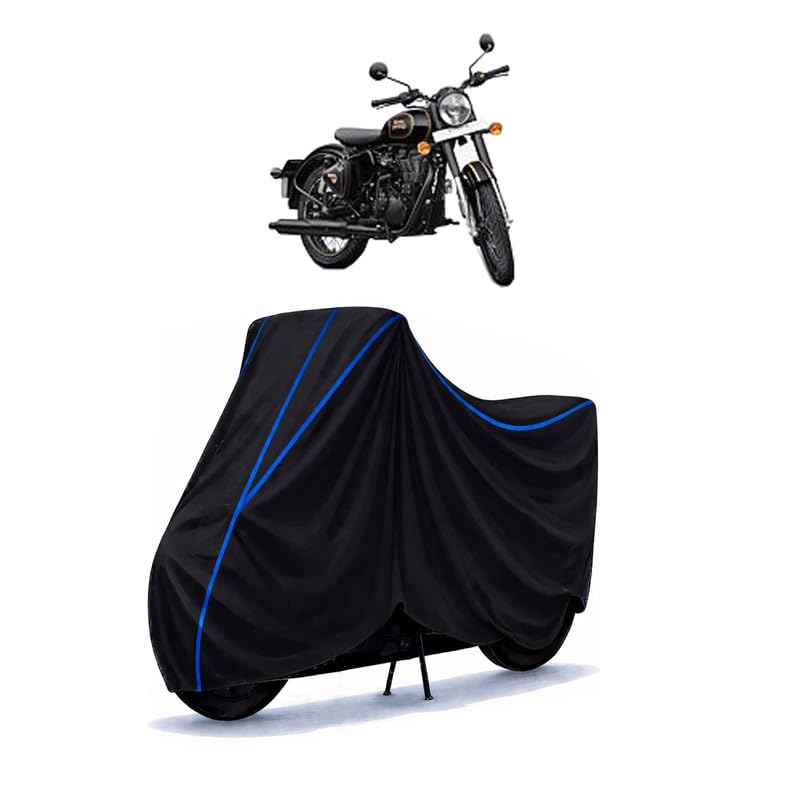 Image of Classic 500 Bike Cover Water Resistant Universal Motorcycle Rain | Heavy Duty UV Protection, Dust, Scratch Indoor Outdoor All Weather with Black Blue Piping Elastic