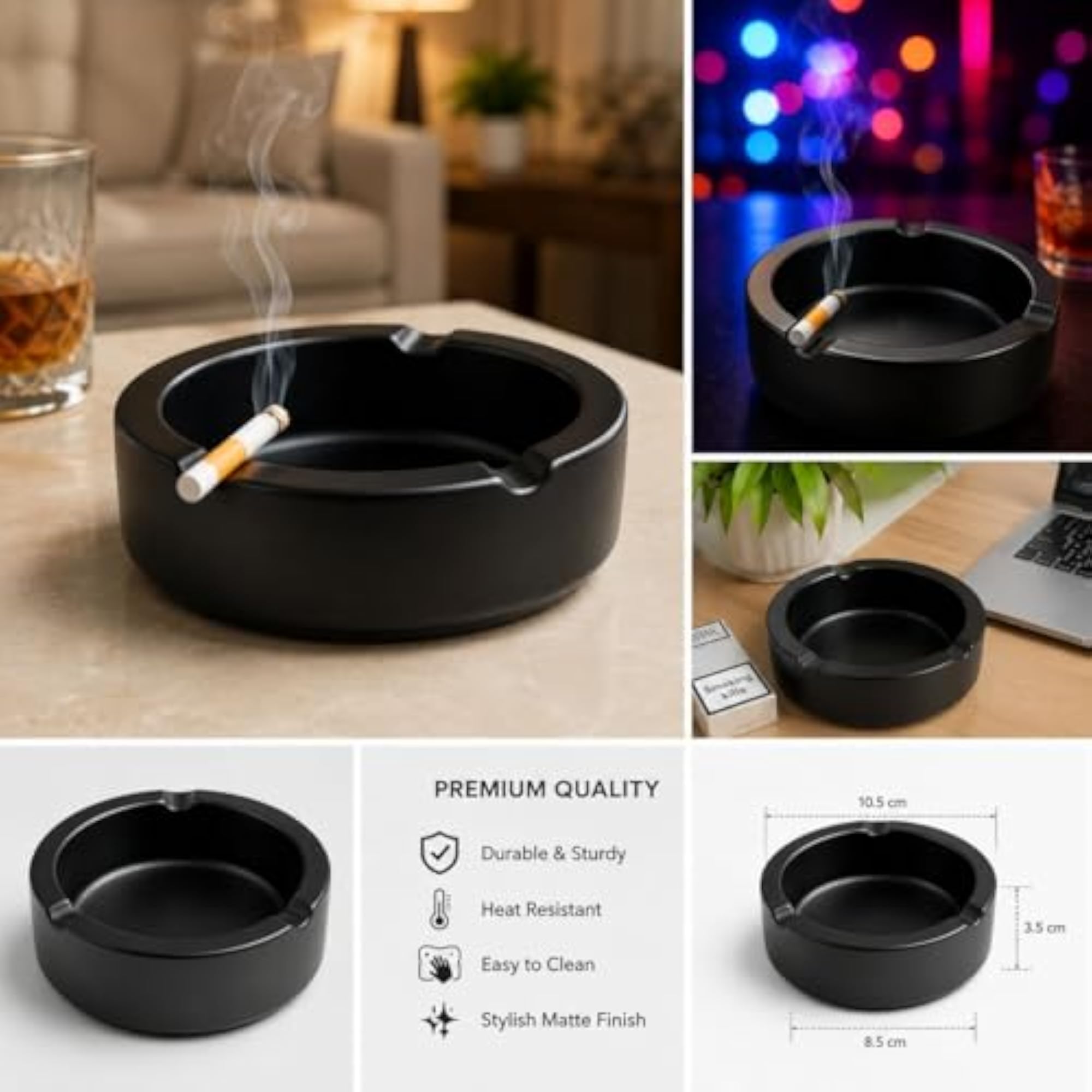 THEVAMI Round Ceramic Ashtray, Matte Black