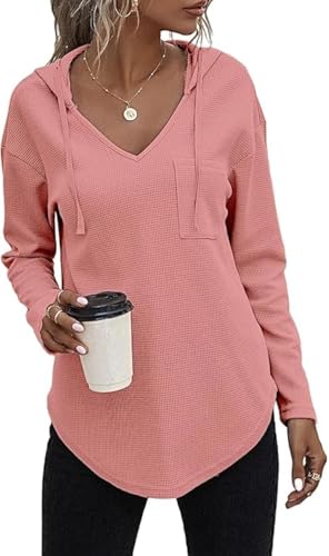 Cuptacc Sudadera Mujer Jersey Otoño 2024 Camiseta Cuello En V Sudaderas con Capucha Chic Rosa Oscuro,M 38-40