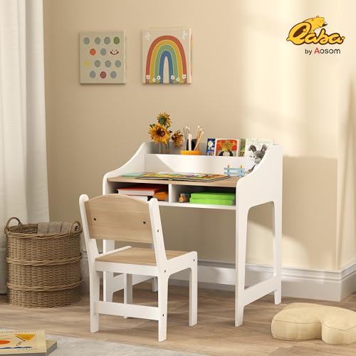 Qaba Kids Desk and Chair Set, Children Study Table with Storage and Shelves, Student Writing Desk for Bedroom & Study Room, Gift for 3-8 Years Old, Natural Wood