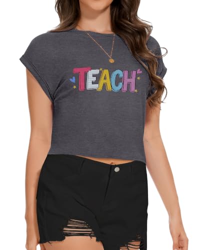 Image of Womens Crop Tops Summer Roll Cap Sleeve Cropped Tshirt Loose Fit Basic Tees