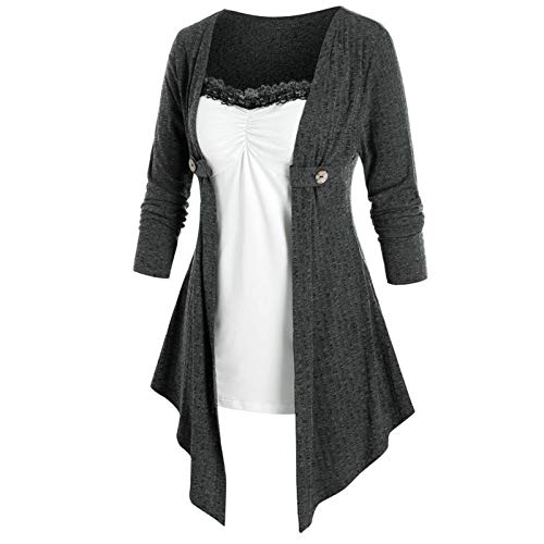 Women Blouse Lace Stitching Color Block Fake Two-Pieces Tunic Shirt Casual U Neck Tops Long Sleeve Irregular Hem T-Shirt