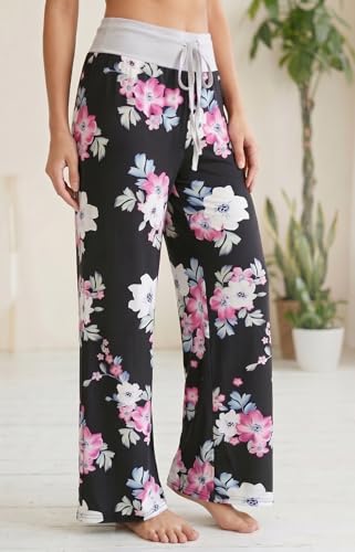 Image of Elsofer Women's Comfy Lounge Pants Soft Floral Pajama Pants Loose Drawstring Wide Leg Palazzo Pants for Sleep, Casual Wear