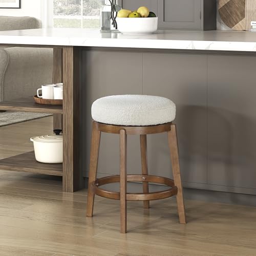 Lexicon Mid Century Swivel Counter Height Bar Stool, White Boucle Upholstered Seat & Solid Wood Frame, Backless, 360 Degree Swivel Stool for Kitchen Island and Home Bar Seating, Brown